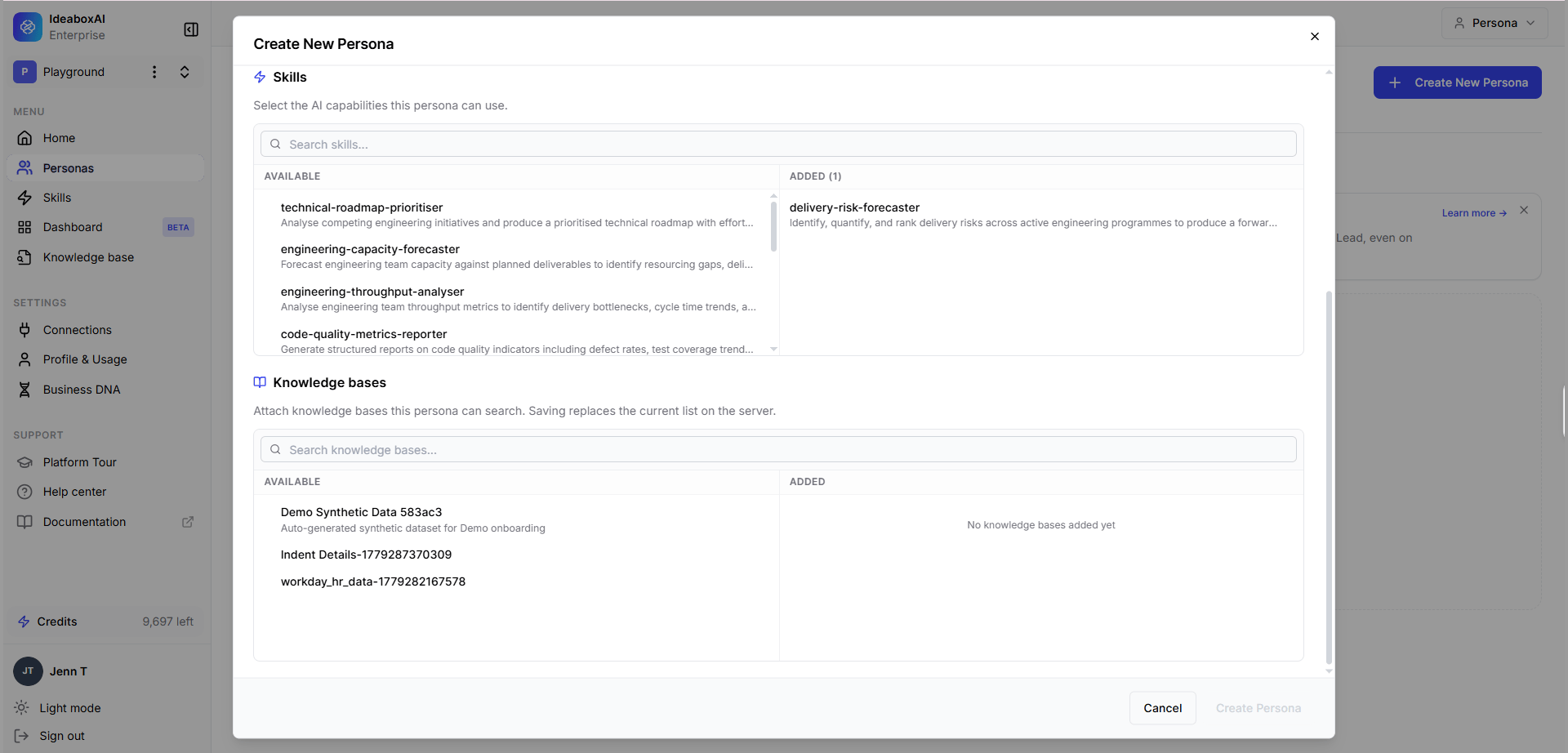 Create New Persona modal scrolled to the Skills section with a selected skill tag and the Knowledge bases section showing an attachable knowledge base.