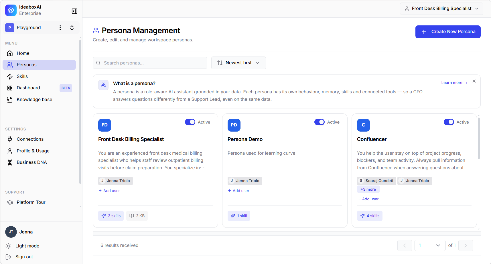 Persona Management page showing persona cards with avatars, Active toggles, descriptions, assigned users, and skill and knowledge base badges.