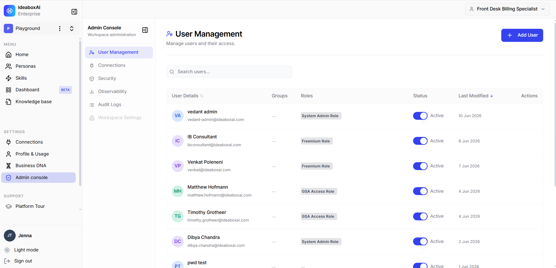Profile dropdown menu in the bottom-left corner showing Dark mode toggle, Admin Console, Settings, and Sign Out options.