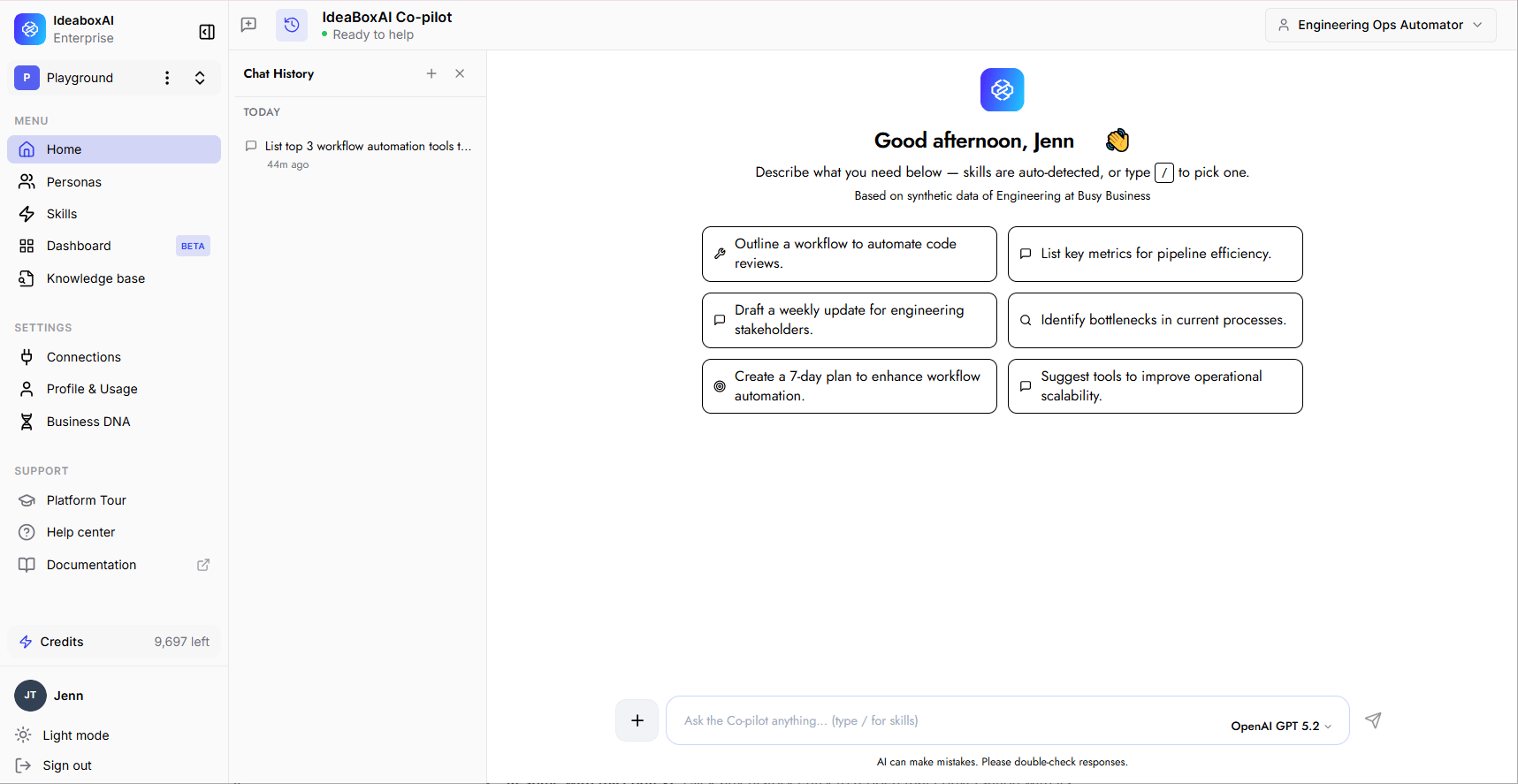 Chat History panel expanded on the left showing past conversations grouped by recency.