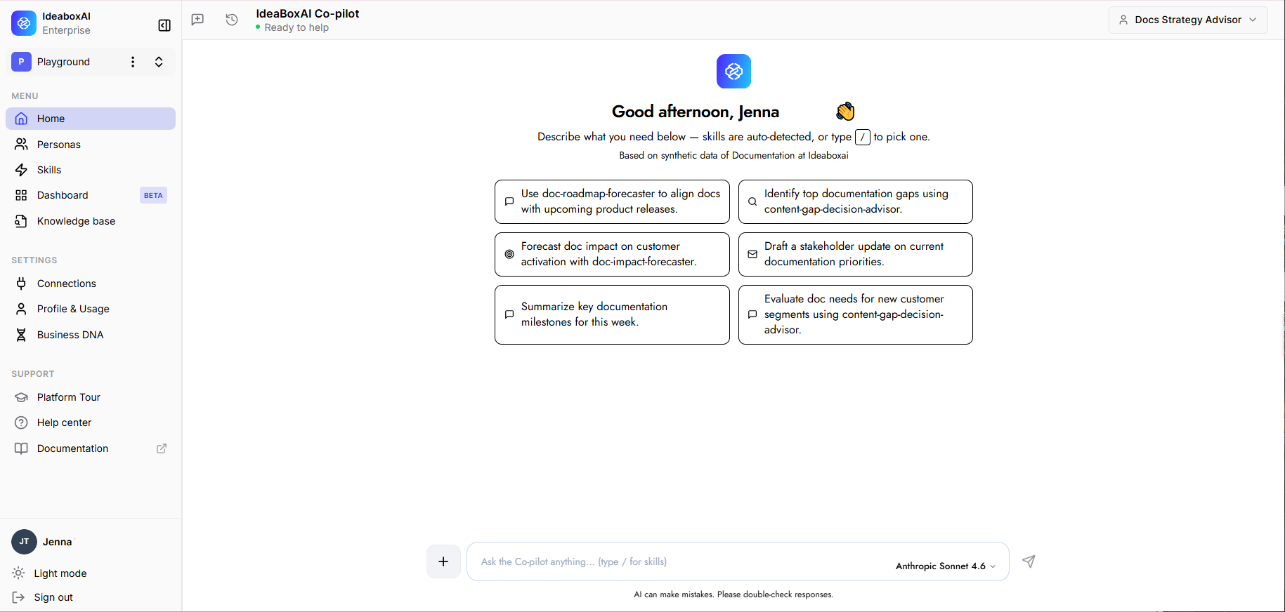 Conversational AI home screen showing the personalised greeting, skill cards in a 2-column grid, and chat input bar.