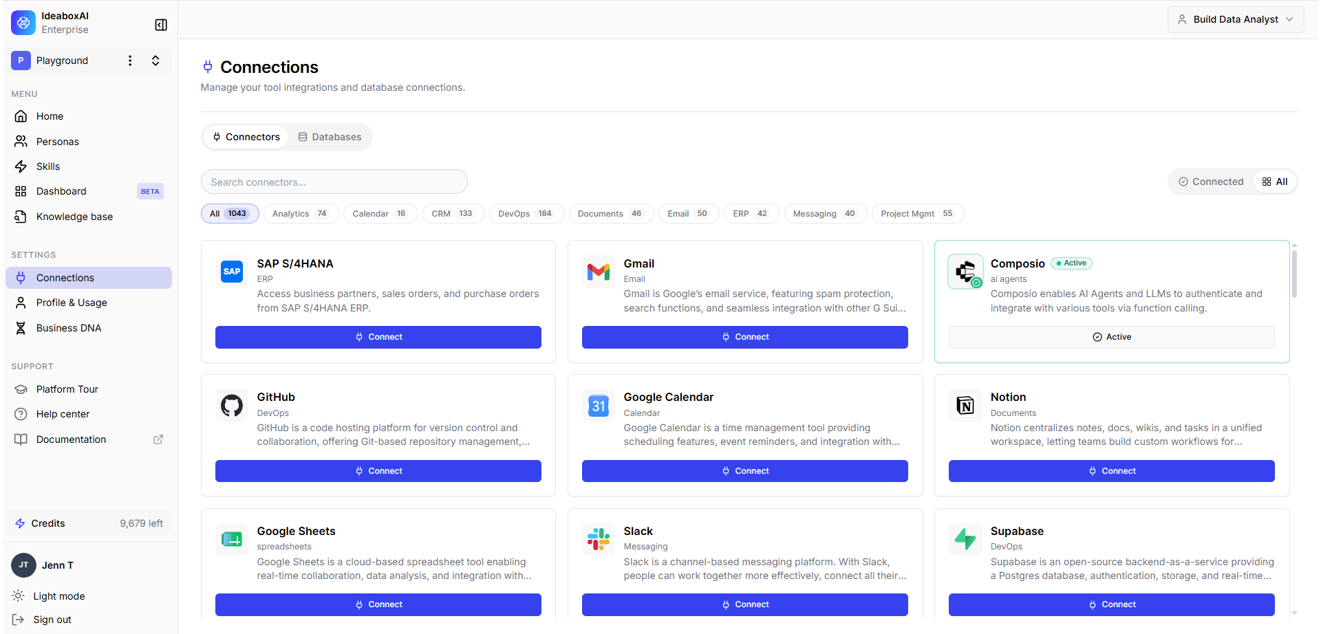 Connections settings showing filter tabs, connected integrations with Reconfigure and Disconnect buttons, and available integrations with Connect buttons.