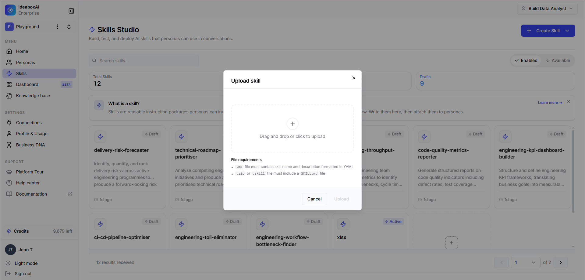 Upload skill modal with drag-and-drop area, file format requirements, and Import button.
