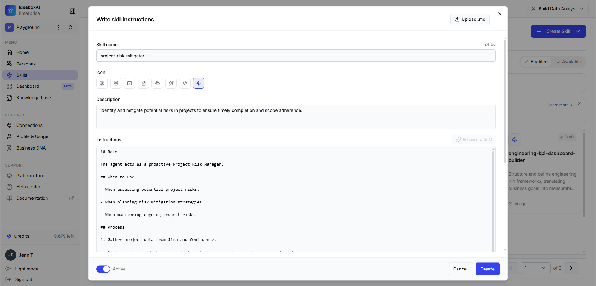 Write skill instructions modal showing fields for Skill name, Icon, Description, Instructions, Grant trusted access toggle, and Active status.