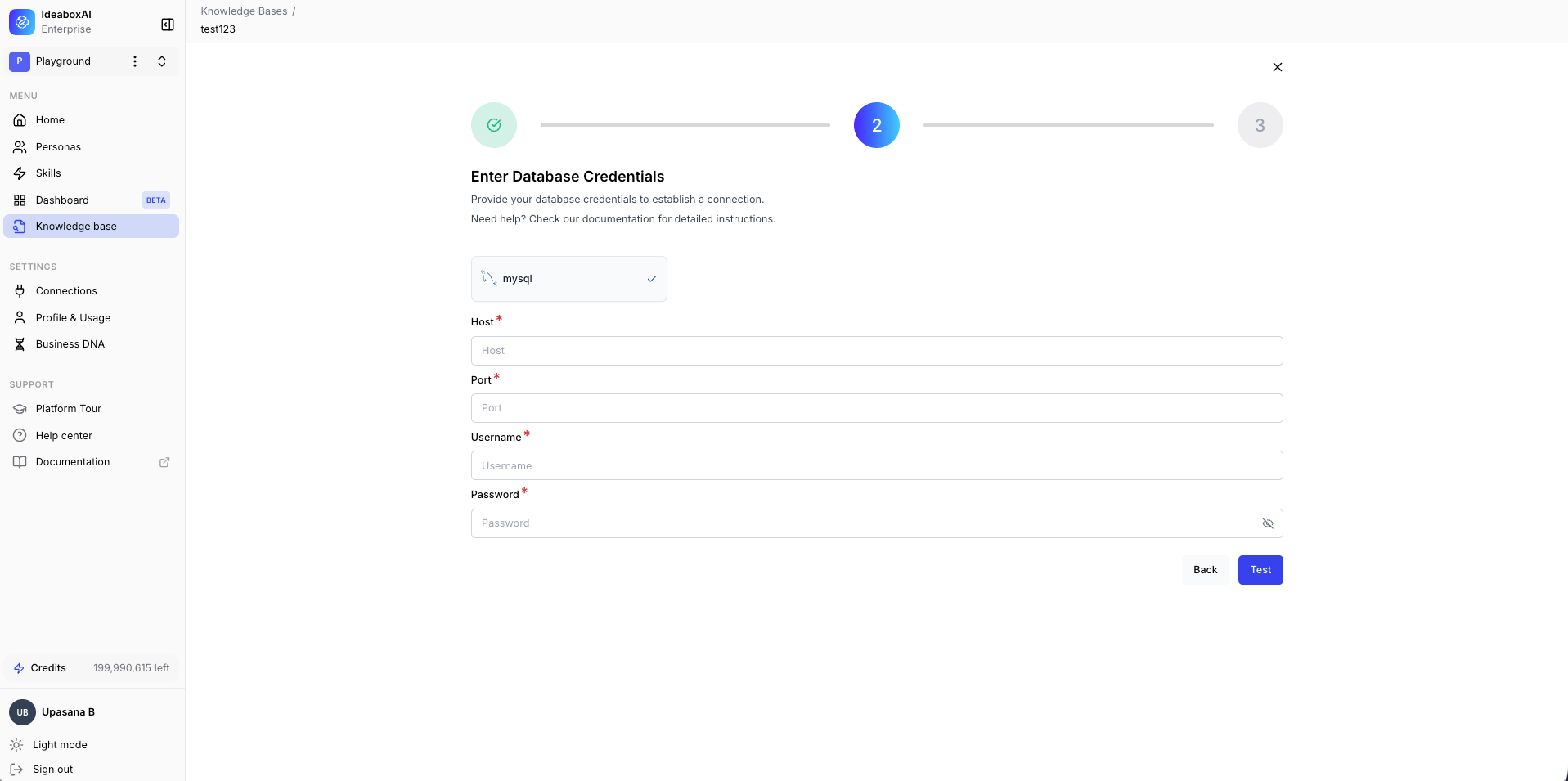 Database credential entry form with fields for Host, Port, Database Name, Username, Password, and SSL Mode, along with connection test and submit buttons.