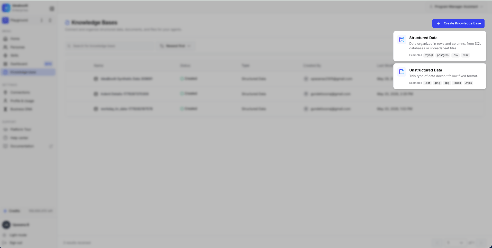 Knowledge base type selection dropdown showing three options: Unstructured Data, Structured Data, and Financial Documents with supported file formats.