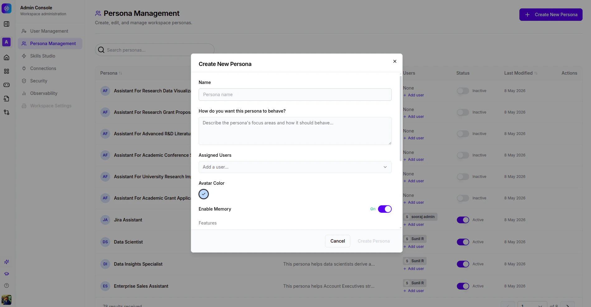 Create New Persona modal showing fields for Name, behaviour description, Assigned Users, Avatar Color, Enable Memory toggle, and Features.
