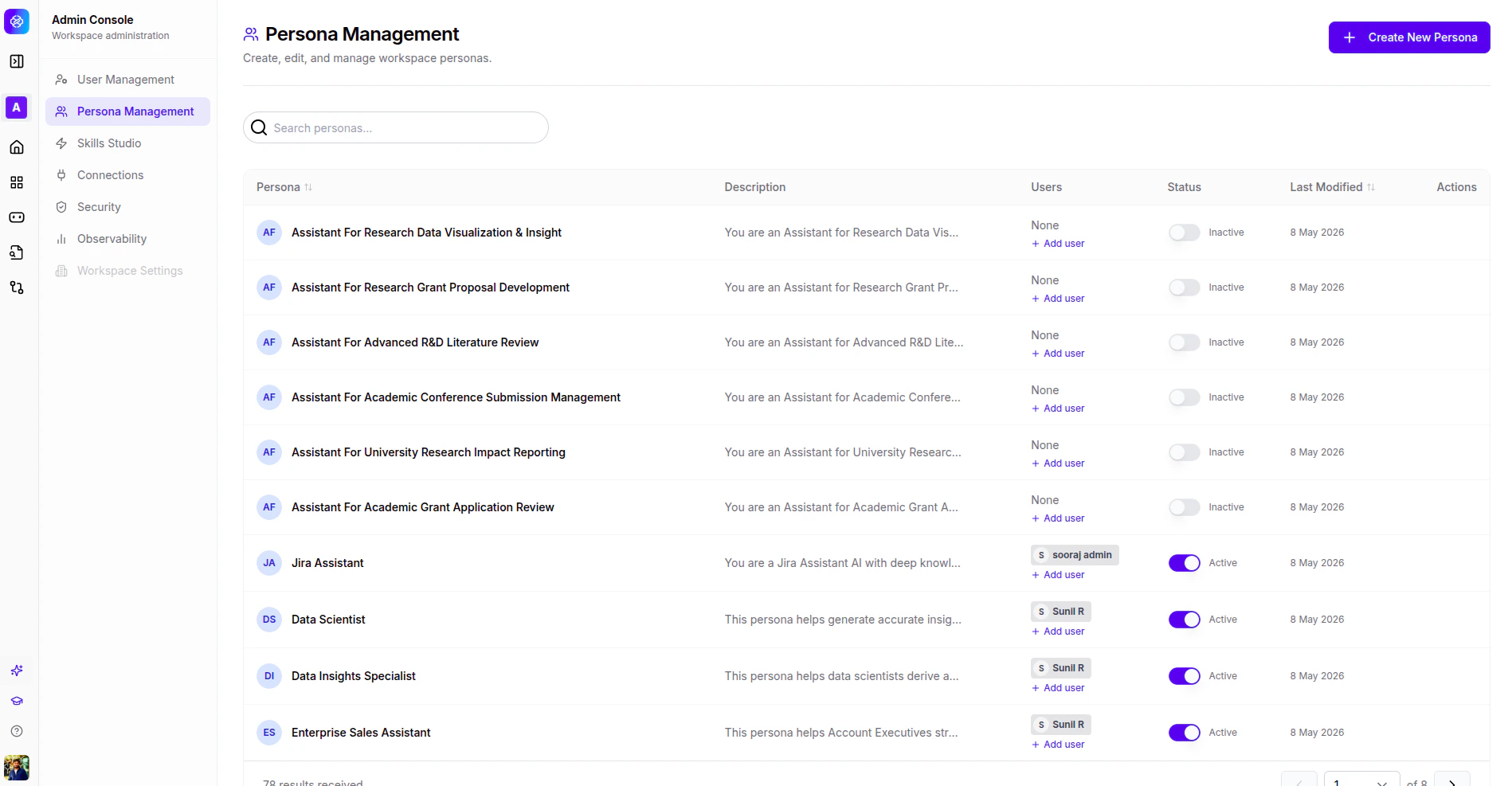Persona Management list showing personas with assigned users, status toggles, last modified dates, and action buttons.
