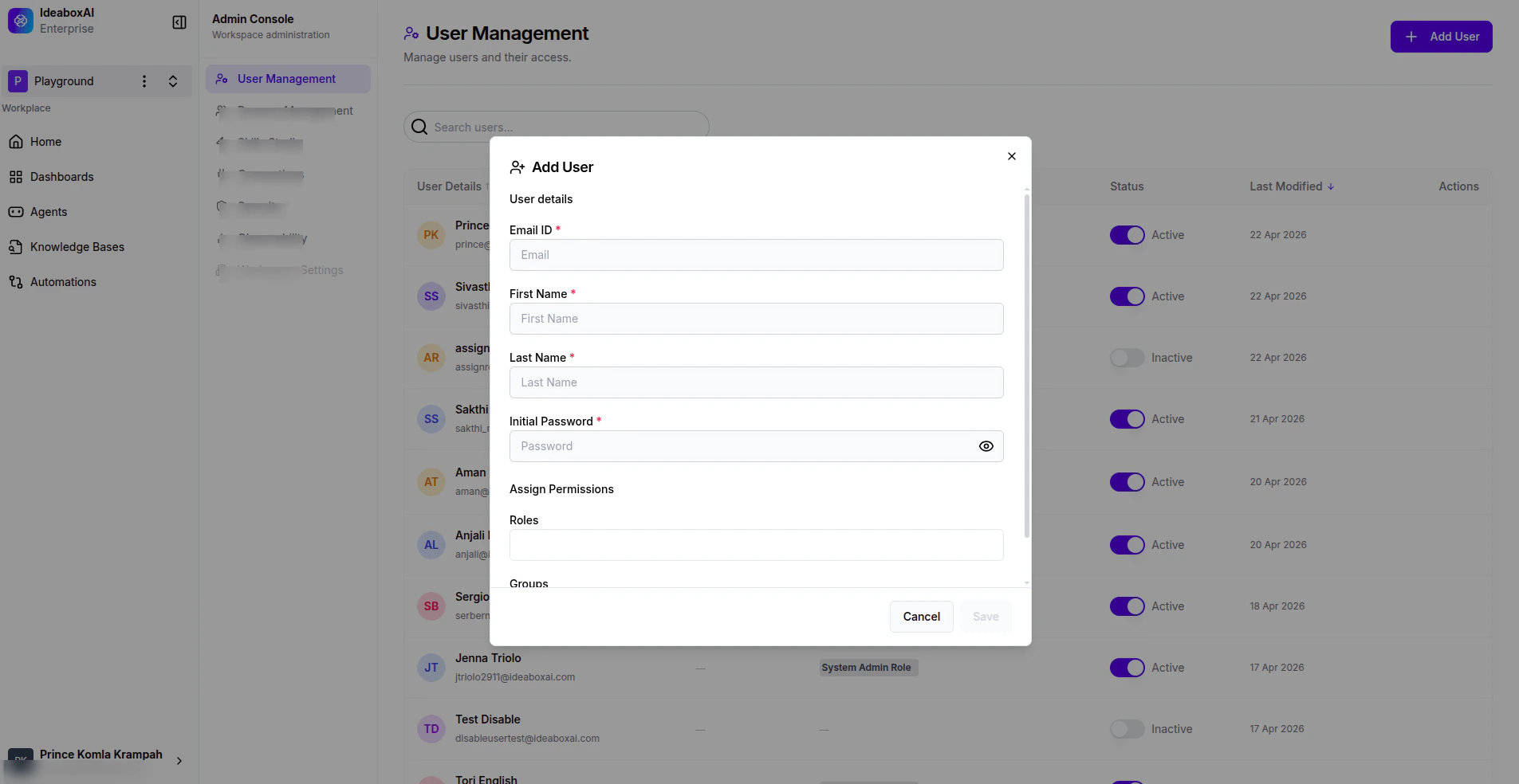 User Management list with the Add User modal open, showing fields for Email ID, First Name, Last Name, Initial Password, Roles, and Groups.