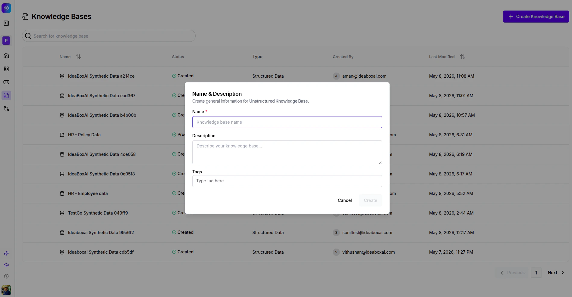 Name and Description modal for creating a knowledge base with fields for Name, Description, and Tags.