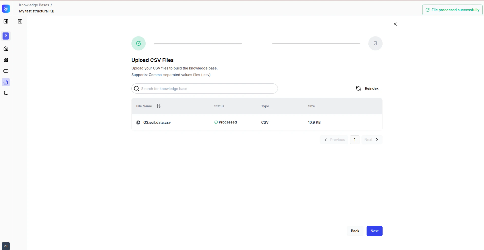 Upload CSV Files page showing a processed CSV file with file name, status, type, and size columns.
