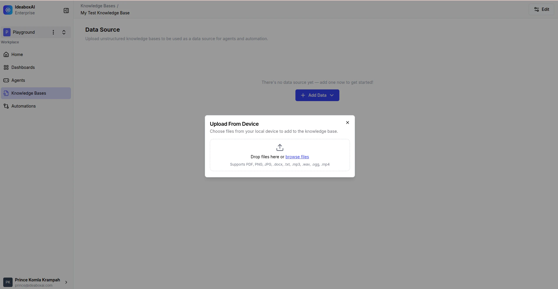Upload From Device modal with a drag-and-drop area showing supported file formats: PDF, PNG, JPG, DOCX, TXT, MP3, WAV, OGG, and MP4.