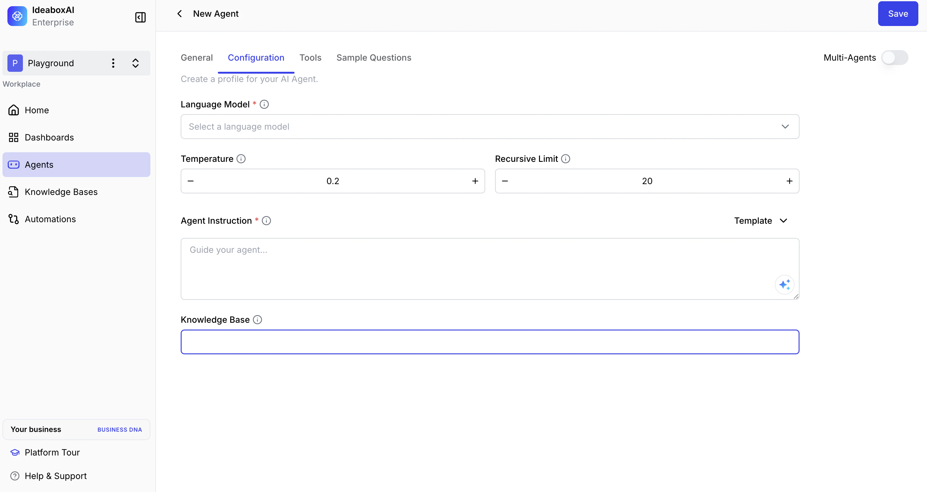 Agent Configuration tab showing the Knowledge Base dropdown with a list of available knowledge bases to select.