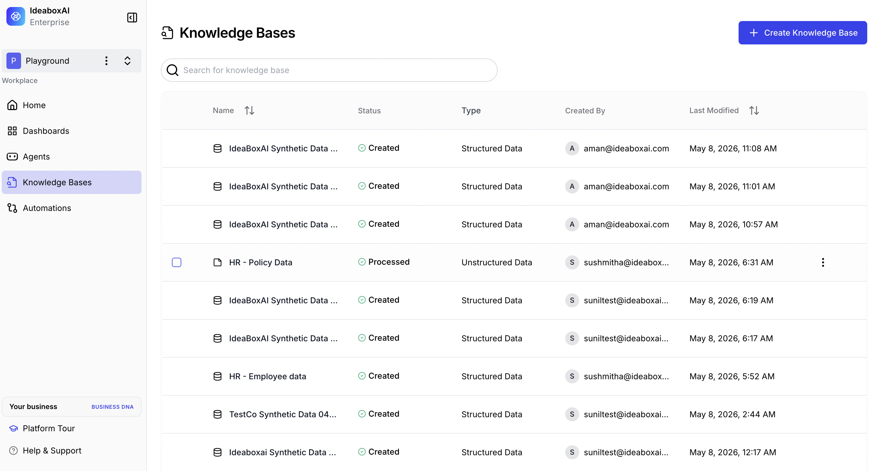 Knowledge Bases dashboard showing a searchable table of knowledge bases with Name, Status, Type, Created By, and Last Modified columns.