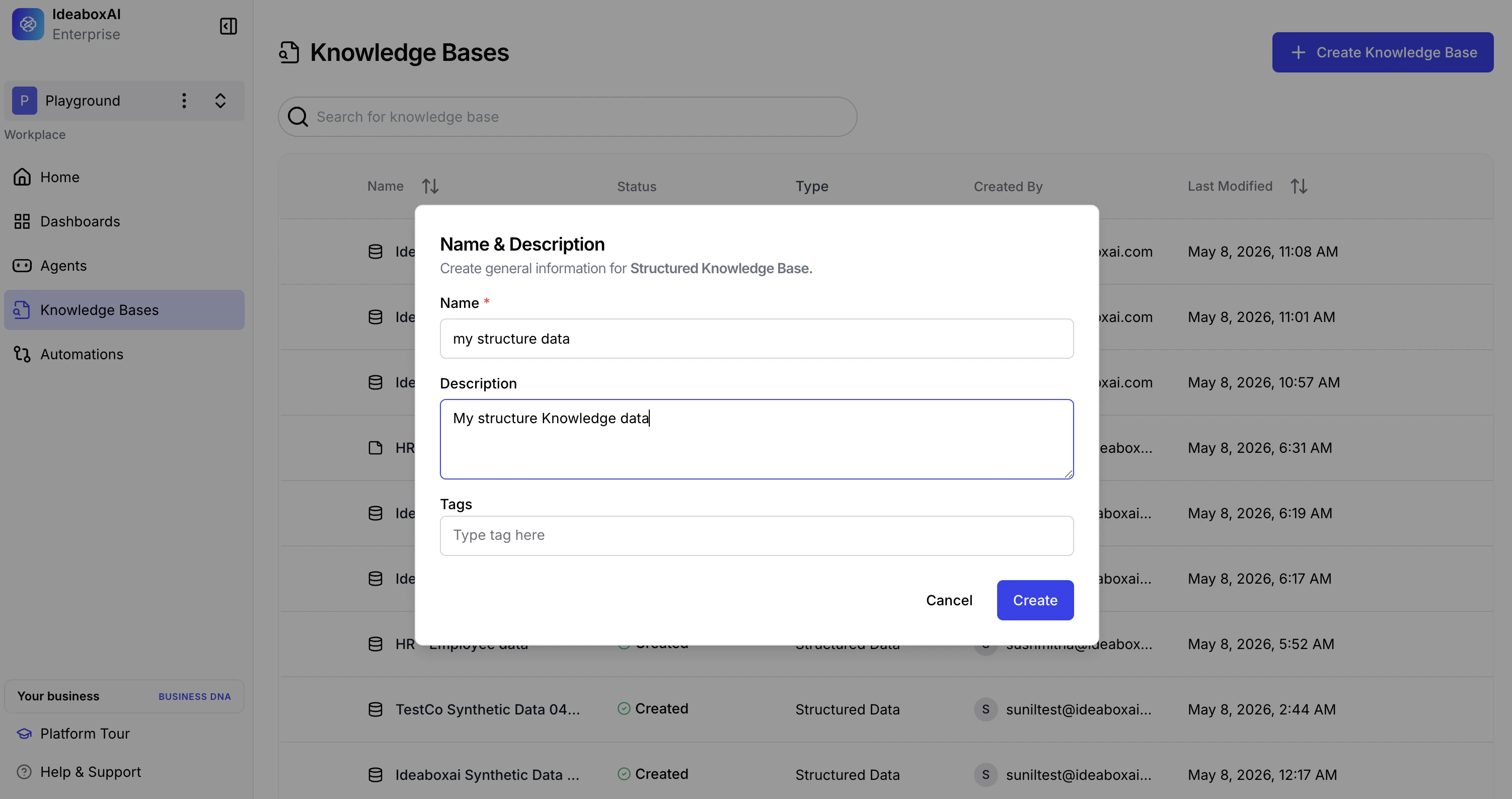 Name and Description modal for creating a Structured Knowledge Base with fields for Name, Description, and Tags.
