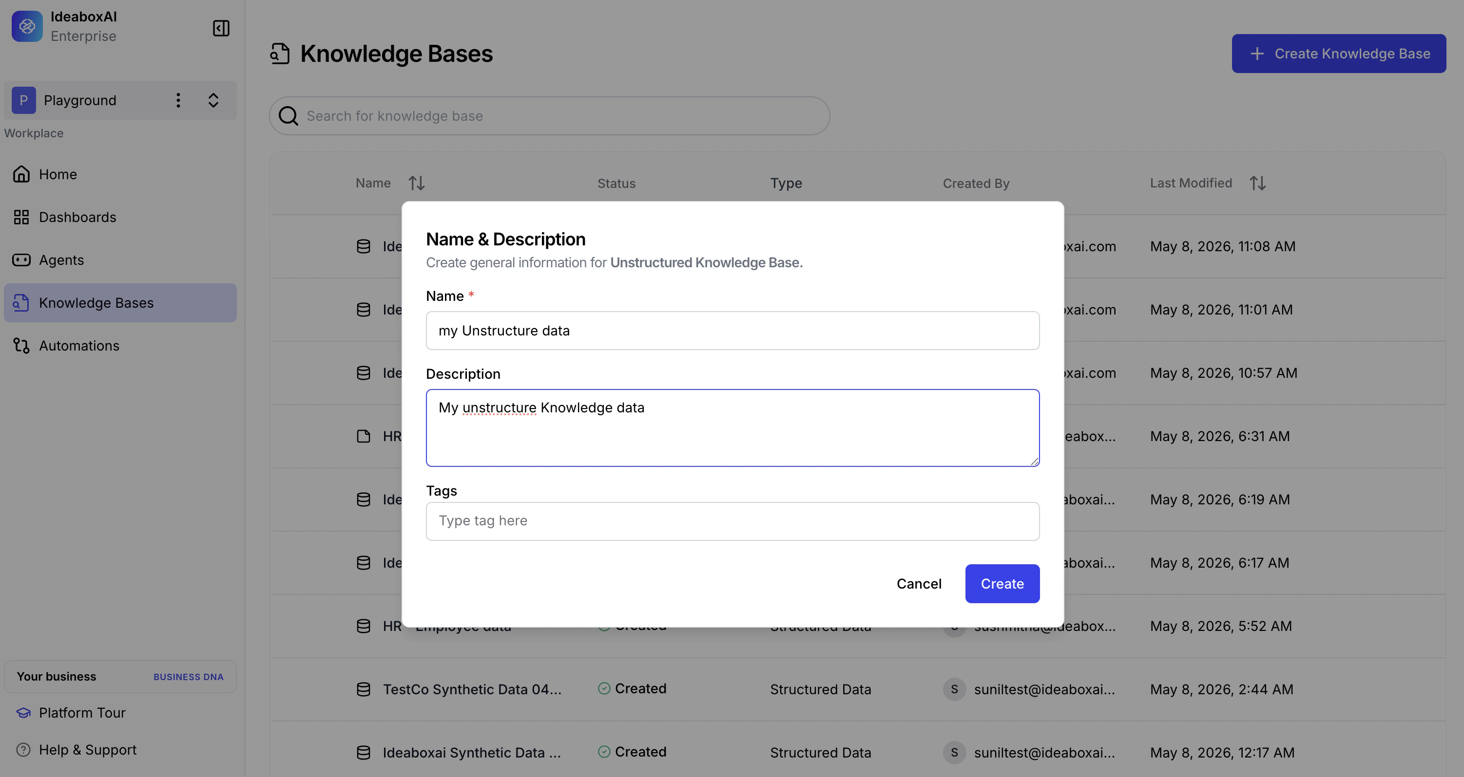 Name and Description modal for creating an Unstructured Knowledge Base with fields for Name, Description, and Tags.