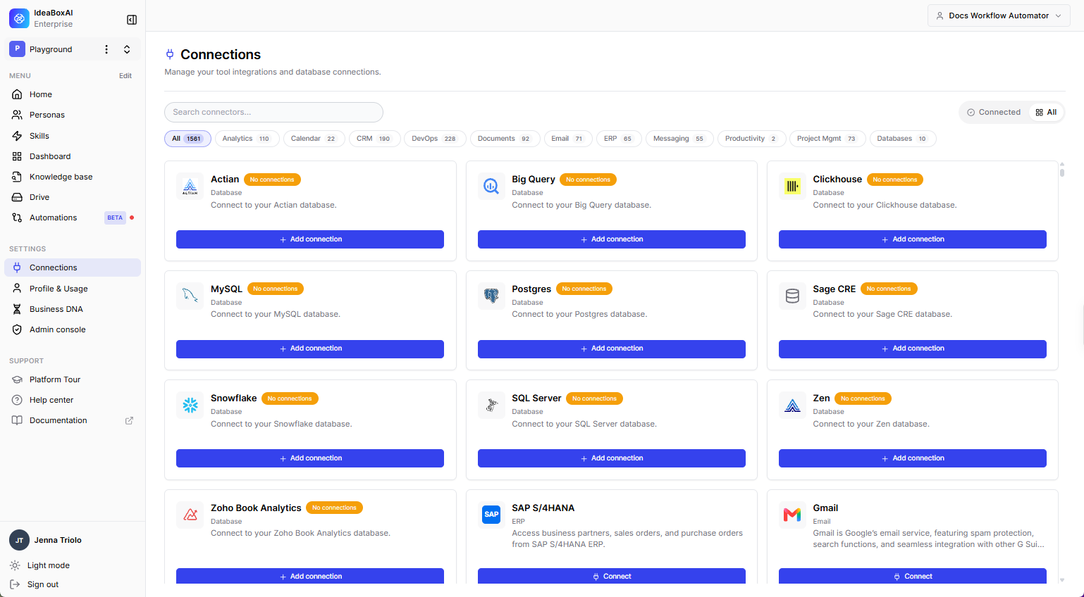 The Connections page showing the Connectors tab with Google Drive, Confluence, Zeenea, and other service integrations