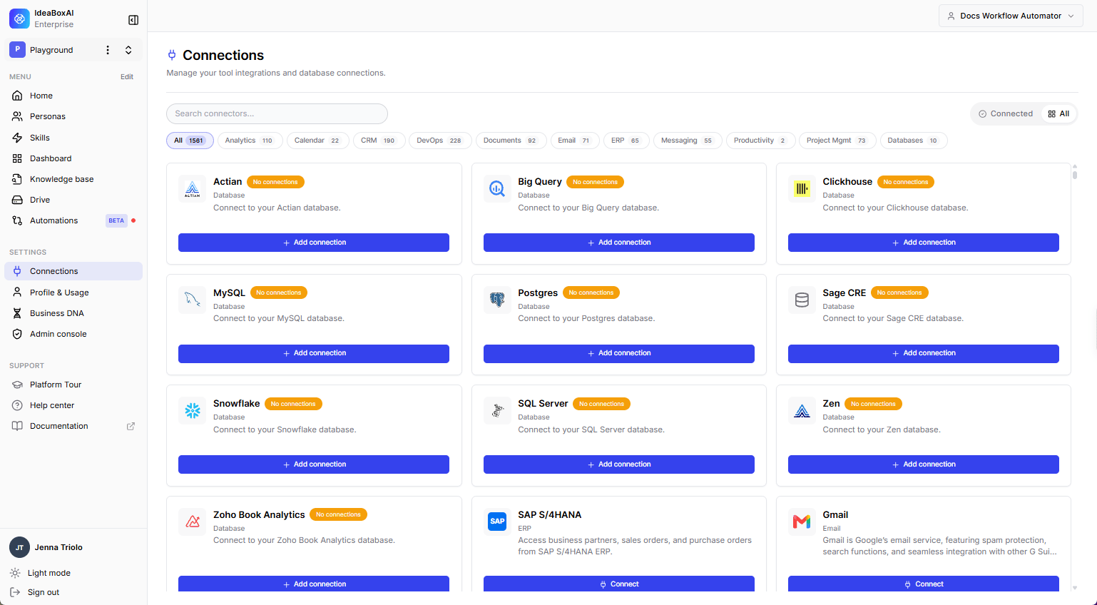 The Connections page showing the Connectors tab with Google Drive, Confluence, Zeenea, and other service integrations