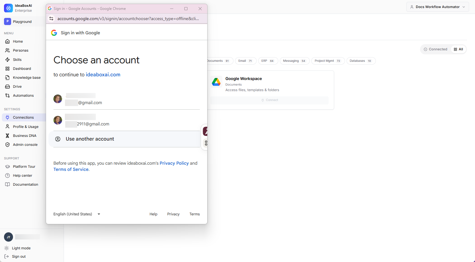 Sign in with Google screen showing account chooser for the Google Workspace connector