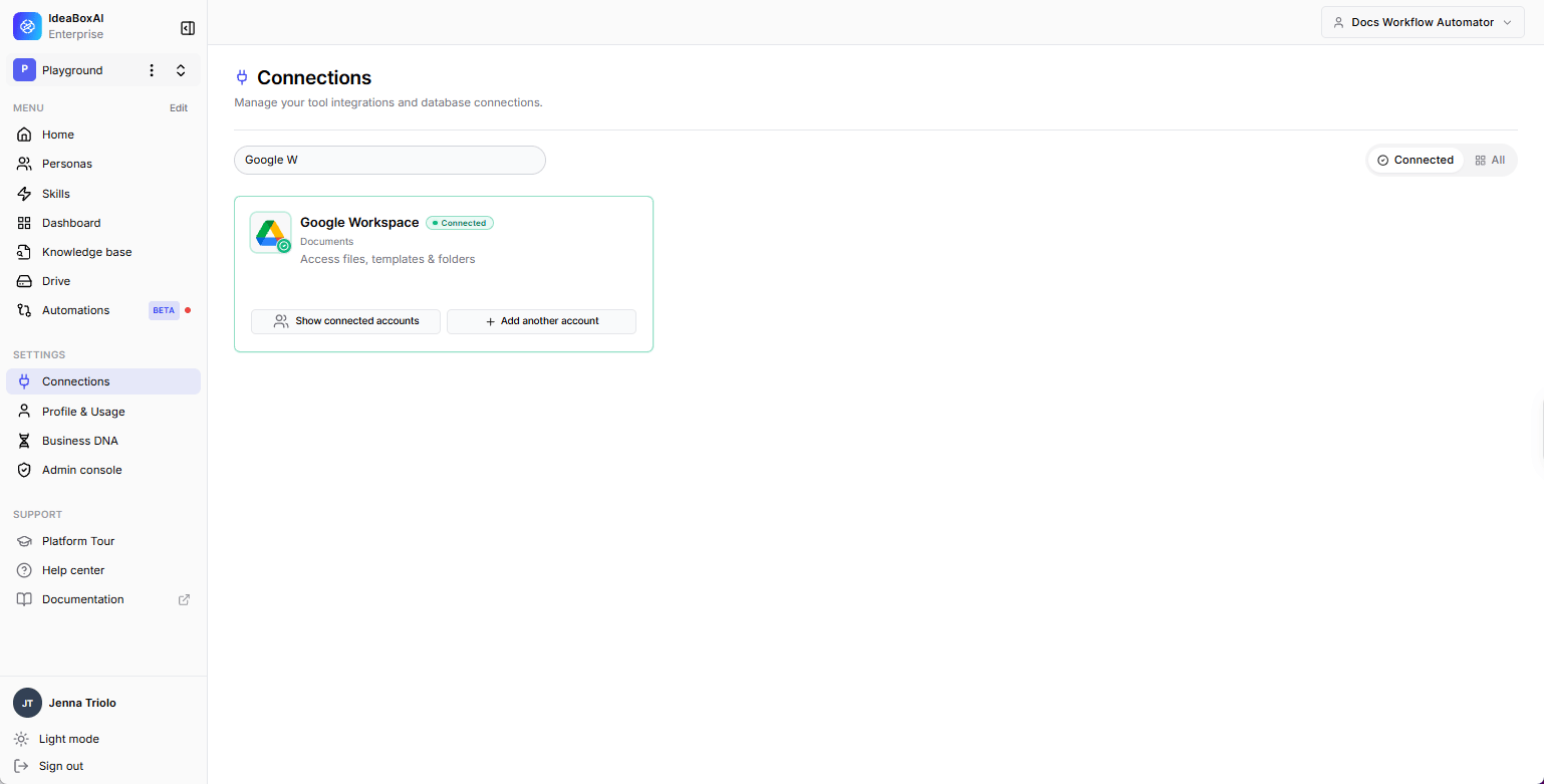 Google Workspace connector showing Connected status, with options to show connected accounts or add another account