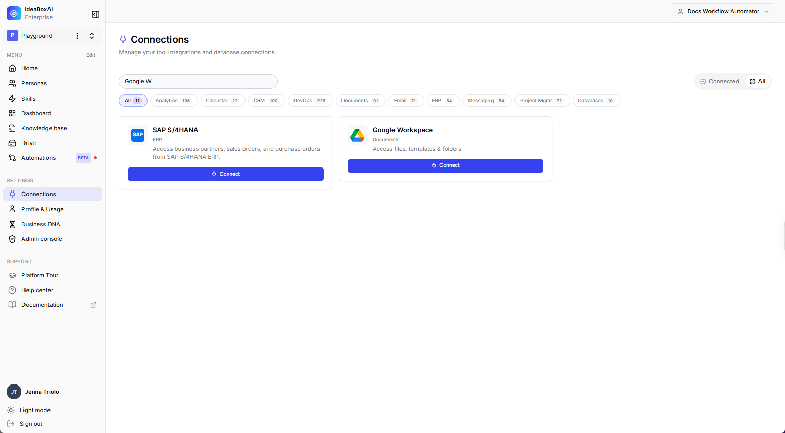 Connections page with the search bar filtered to Google Workspace connector