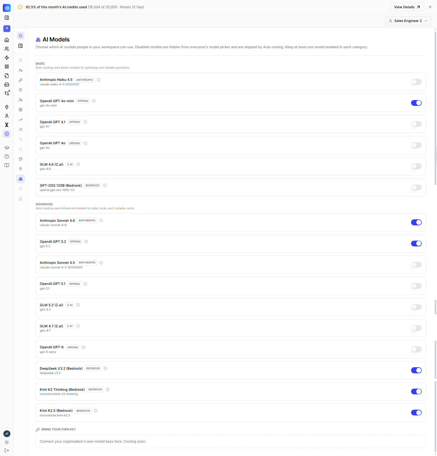 AI Models page in the Admin Console showing Basic and Advanced model categories, each with provider-labeled models and on/off toggles.