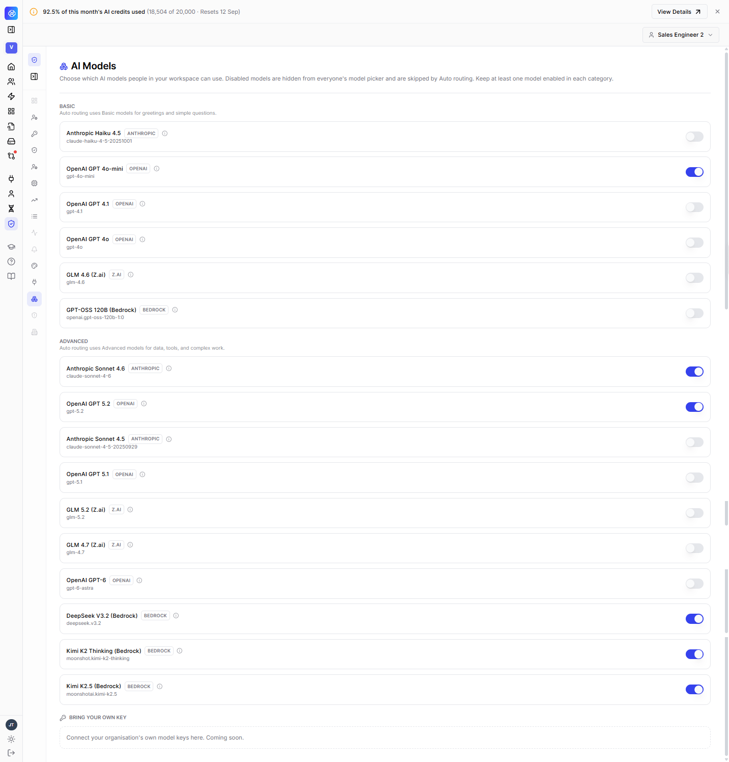 AI Models page in the Admin Console showing Basic and Advanced model categories, each with provider-labeled models and on/off toggles.