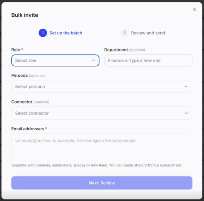 Bulk invite dialog showing role, department, persona, and connector fields, and an email addresses text area.