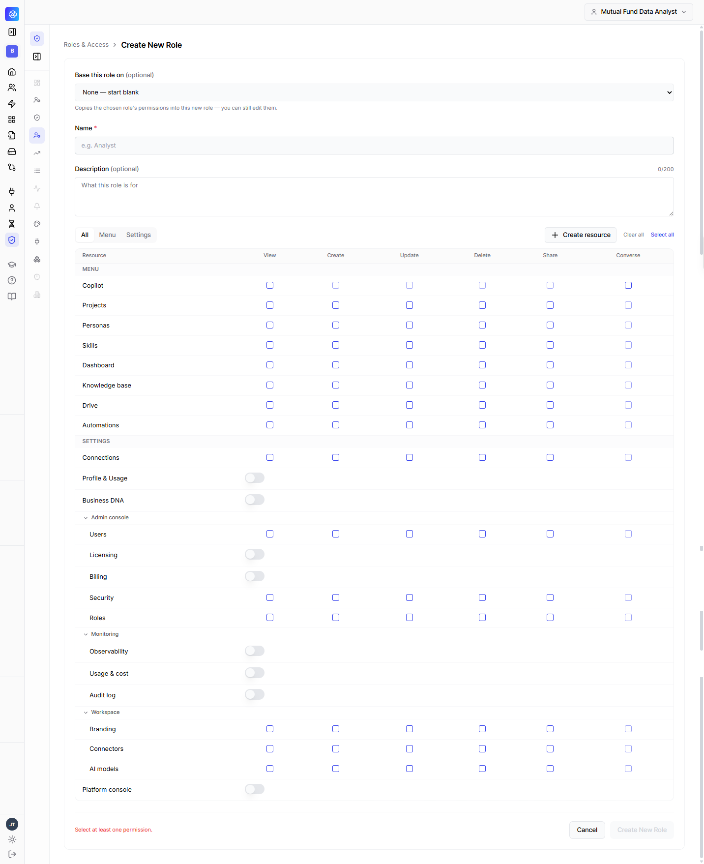 Create New Role form showing base-role selection, name, description, and a permission grid with View, Create, Update, Delete, Share, and Converse columns.