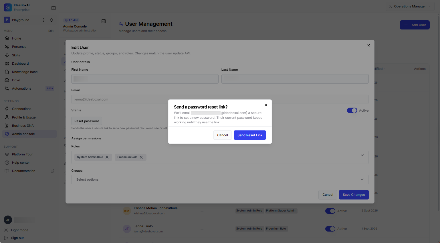 Edit User dialog with a confirmation prompt to send a password reset link to the user's email.