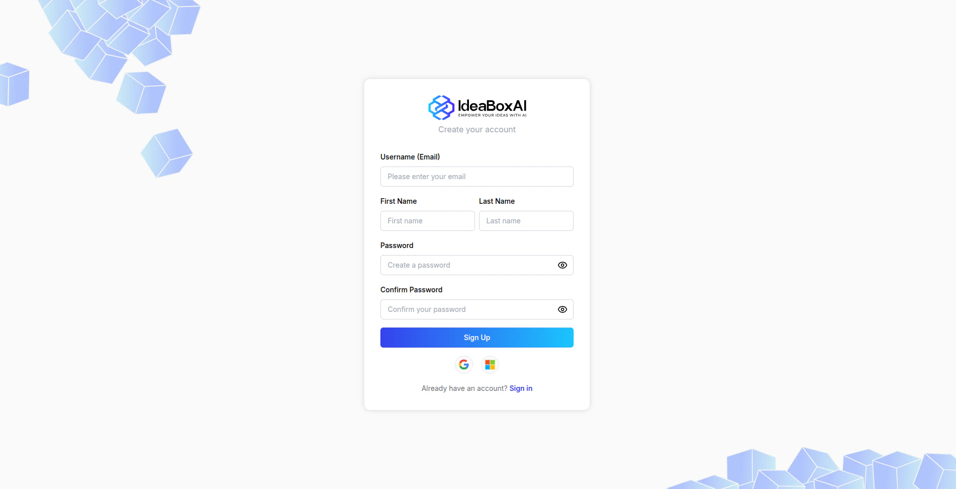 IdeaBoxAI sign-up page showing Username (Email), First Name, Last Name, Password, and Confirm Password fields, Sign Up button, and Google and Microsoft SSO options.