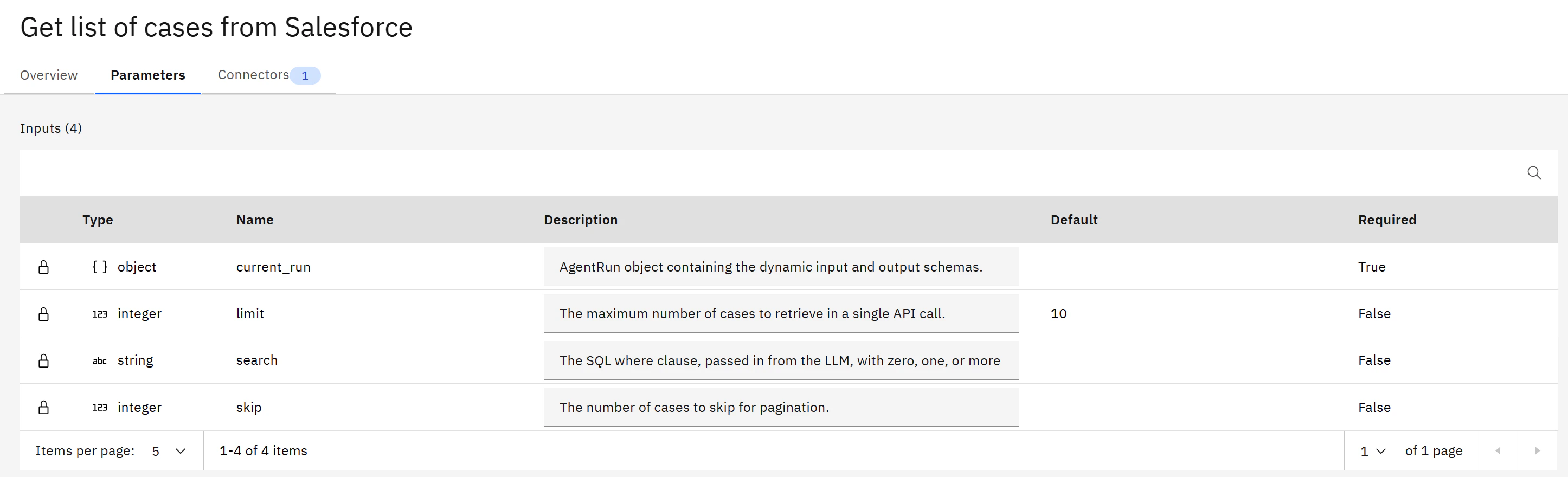 Get list of cases from Salesforce tool parameters showing fields for current_run, limit, search, and skip.