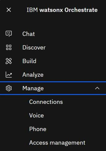 IBM watsonx Orchestrate sidebar showing the Manage menu expanded with Connections, Voice, Phone, and Access management options.