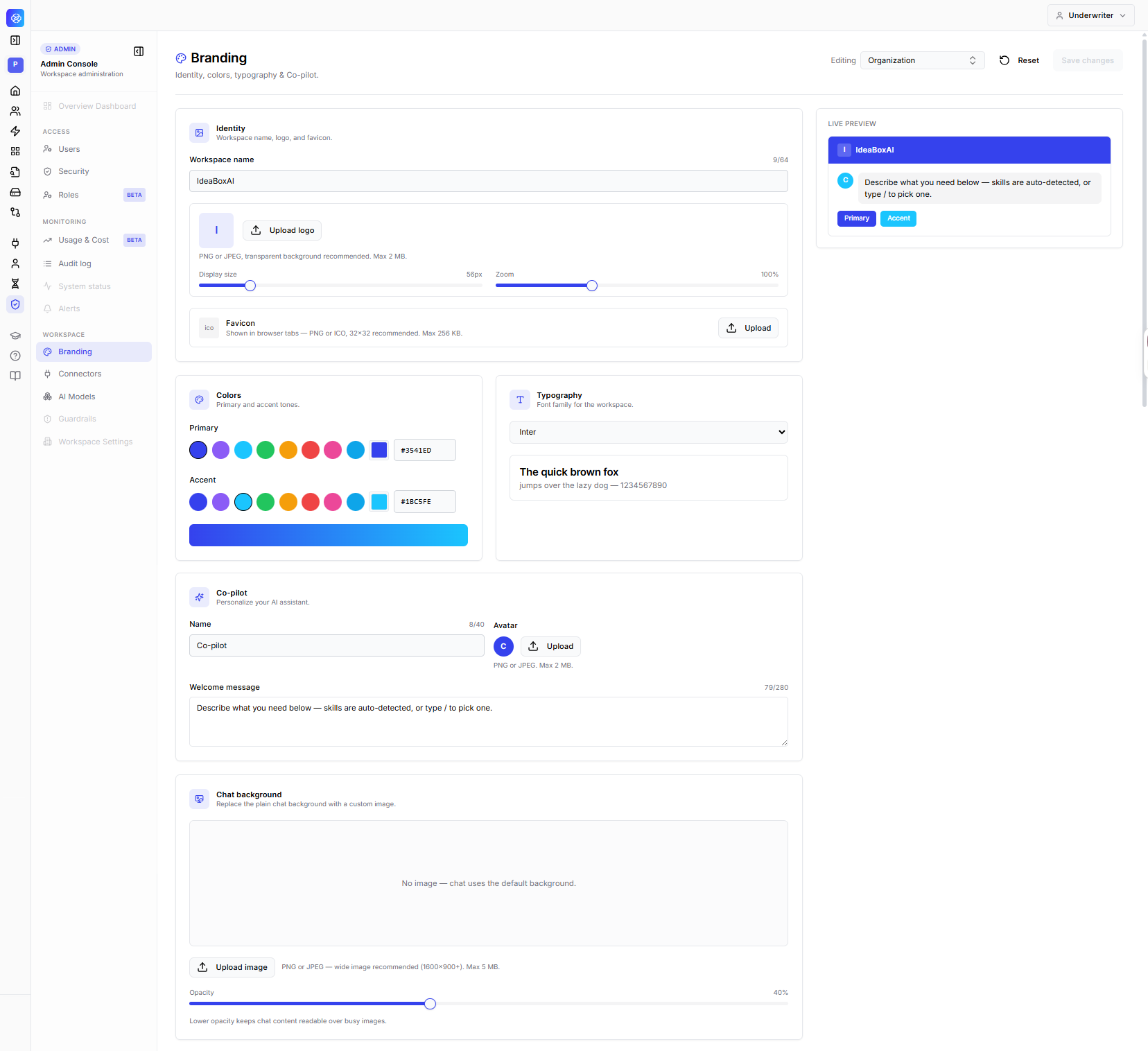 Branding page in the Admin Console showing identity, color, typography, Persona AI, and chat background controls alongside a live preview panel.