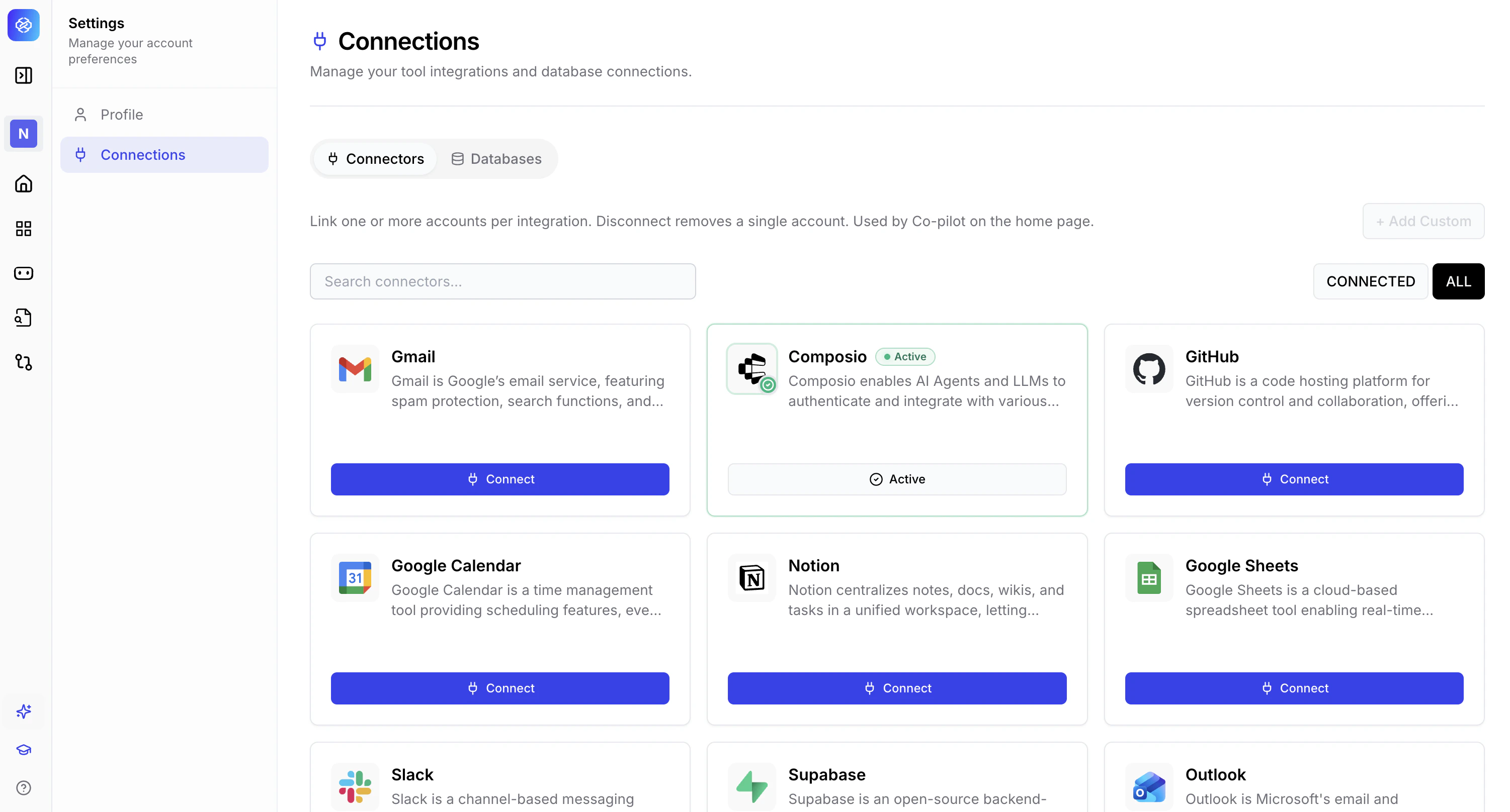 The Connections page showing the Connectors tab with Google Drive, Confluence, Zeenea, and other service integrations