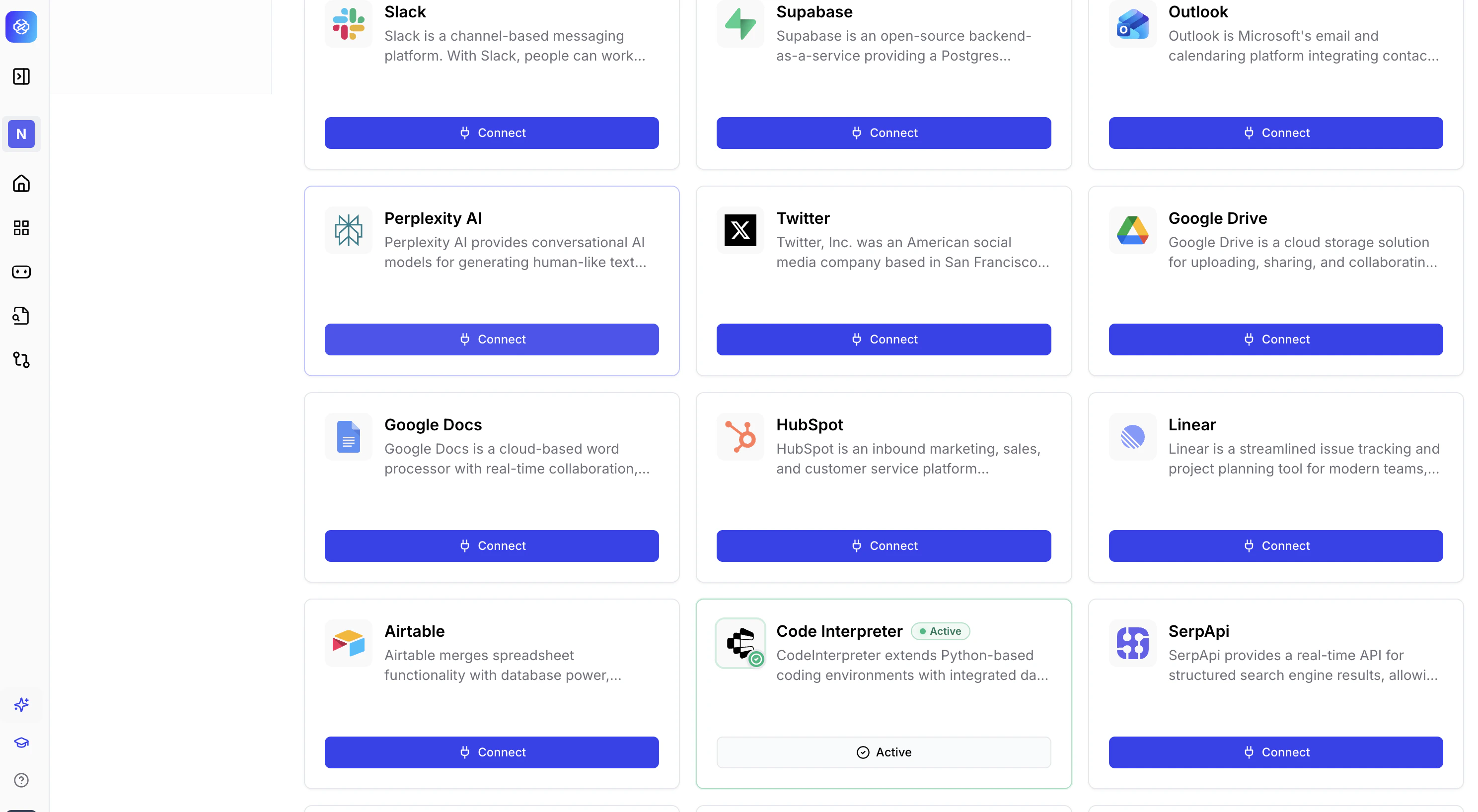 Sample connectors showing Google Drive, Confluence, and other integration options