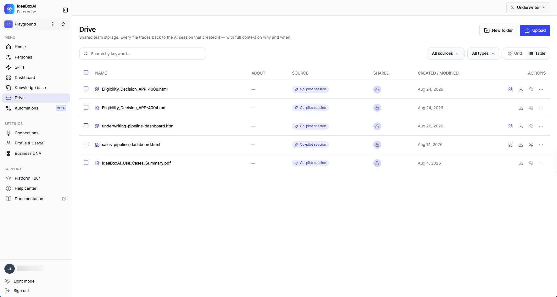 Drive root shown in Grid view with files displayed as cards.