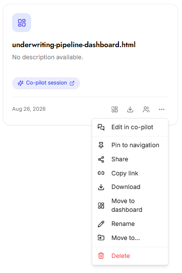 File card with its expanded action menu open, listing each available action.