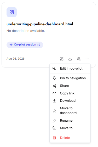 File card with its expanded action menu open, listing each available action.
