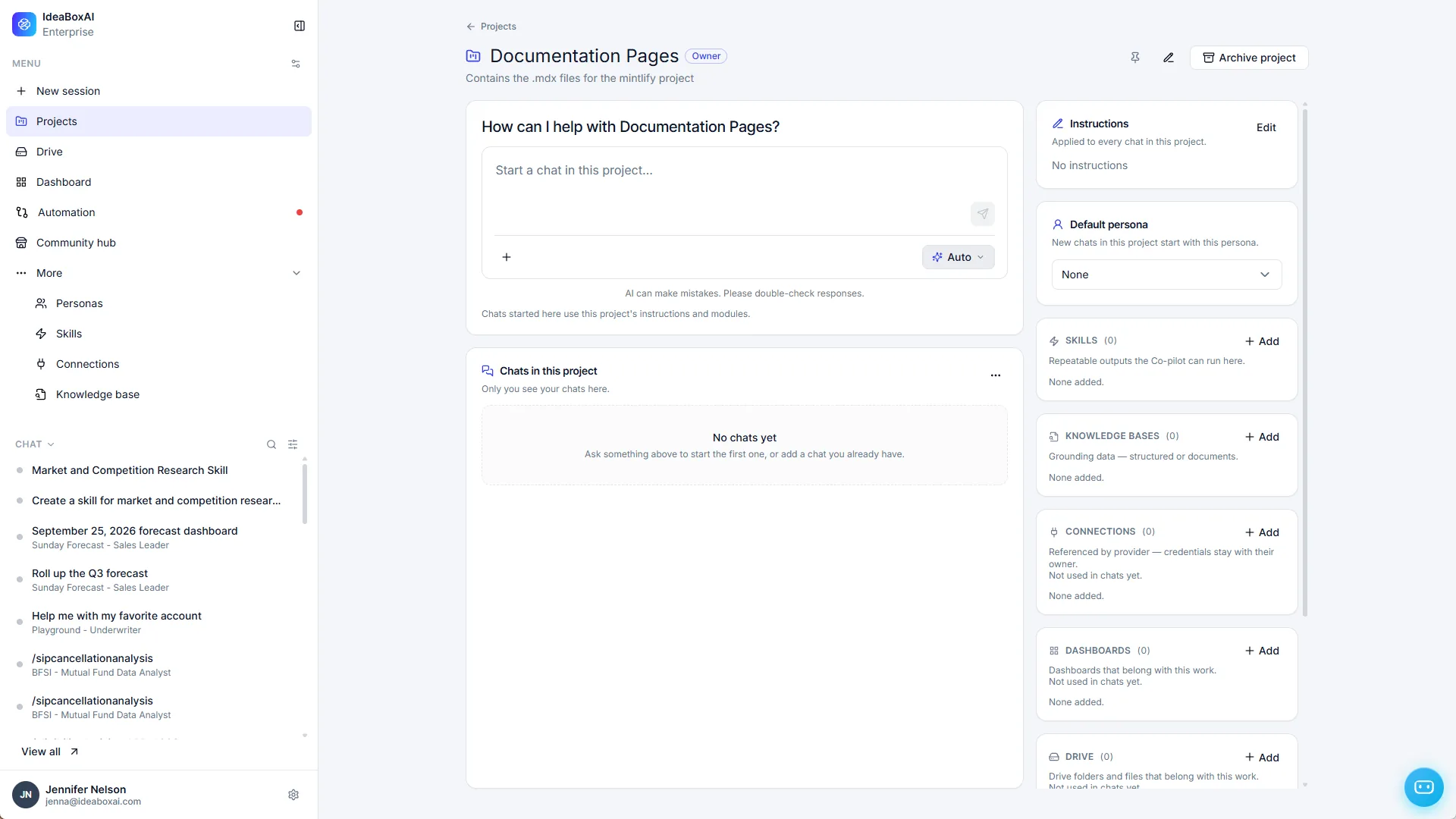 Project page showing the project chat, Chats in this project, and the Instructions, Default persona, Skills, Knowledge Bases, Connections, Dashboards, and Drive sections.