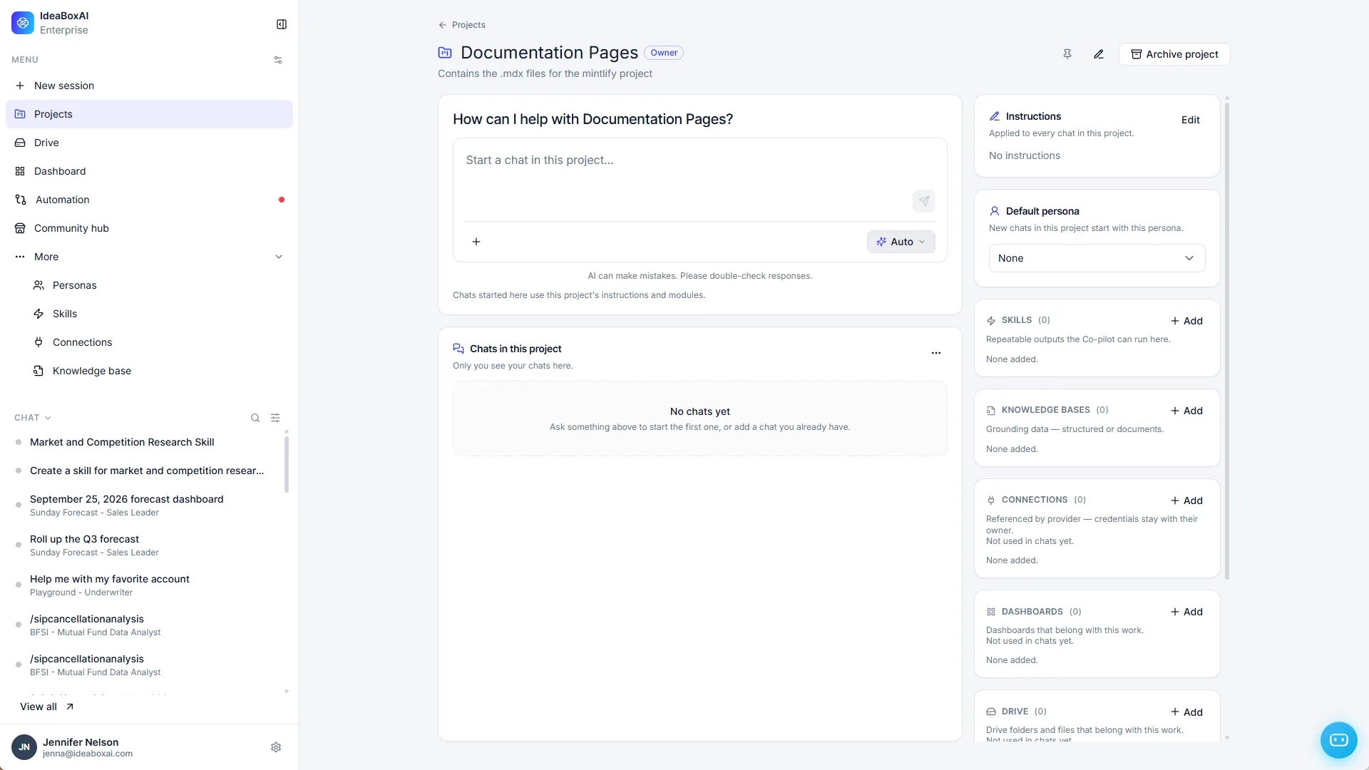 Project page showing the project chat, Chats in this project, and the Instructions, Default persona, Skills, Knowledge Bases, Connections, Dashboards, and Drive sections.