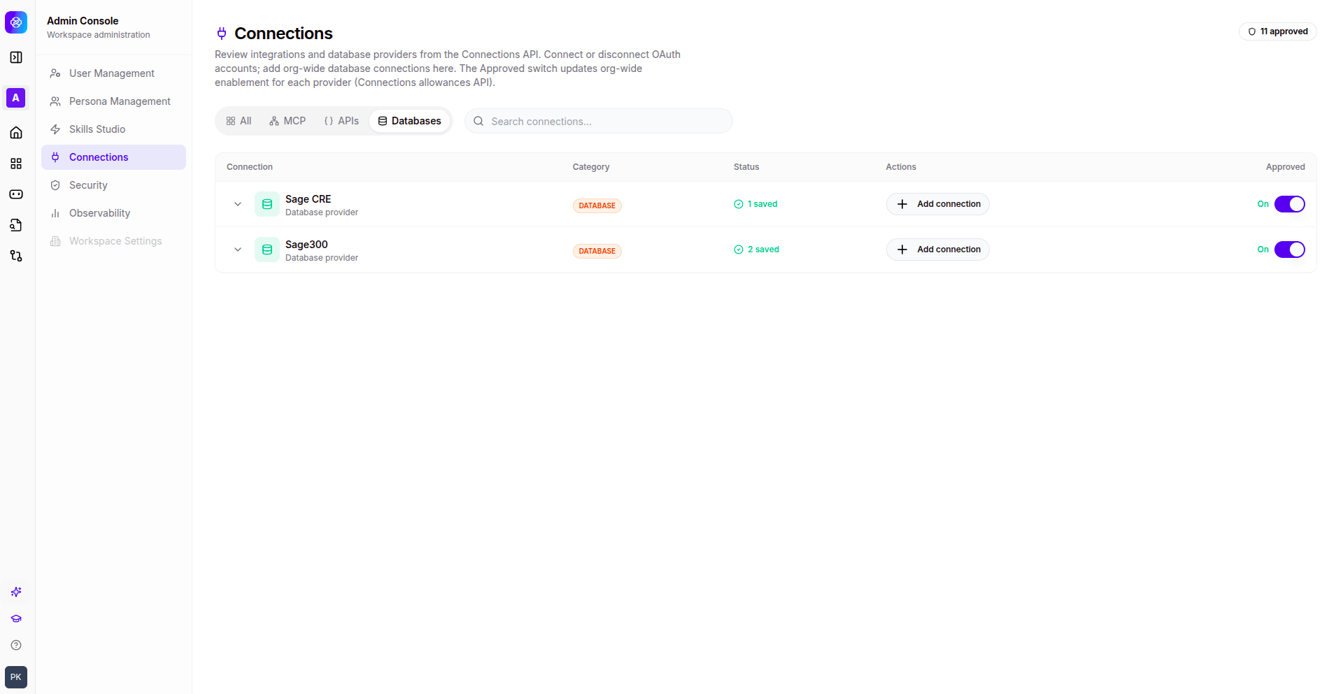 Admin Connections page filtered by Databases, showing database providers with saved connection counts and add connection actions.