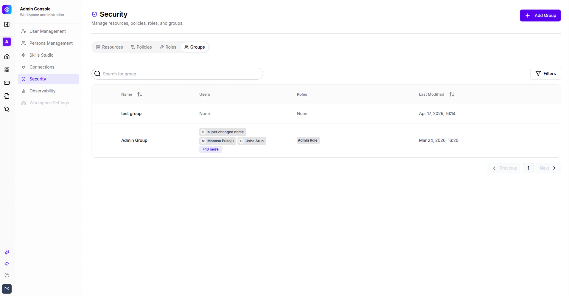 Security Groups tab showing group list with user pills, roles, and last modified dates.