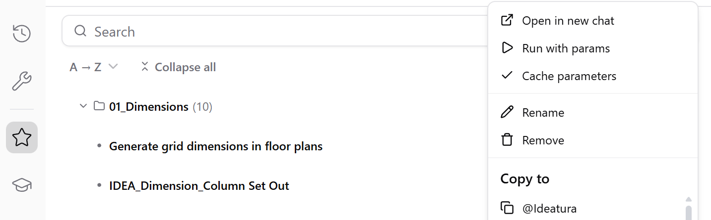 Automation library menu with Open in new chat, Run with params and Copy to a workspace.