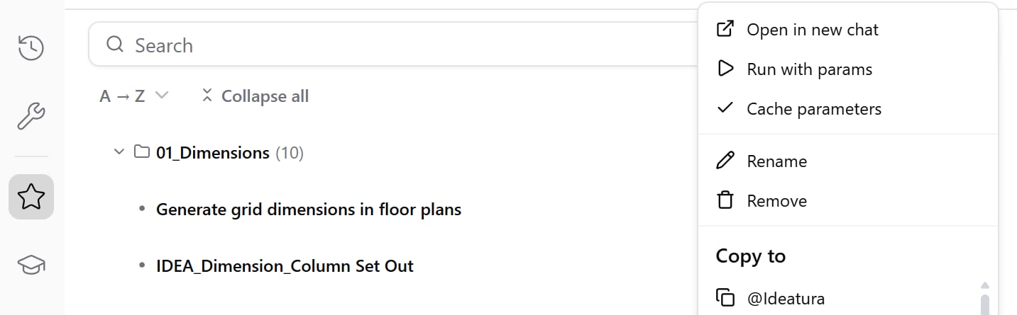 Automation library menu with Open in new chat, Run with params and Copy to a workspace.