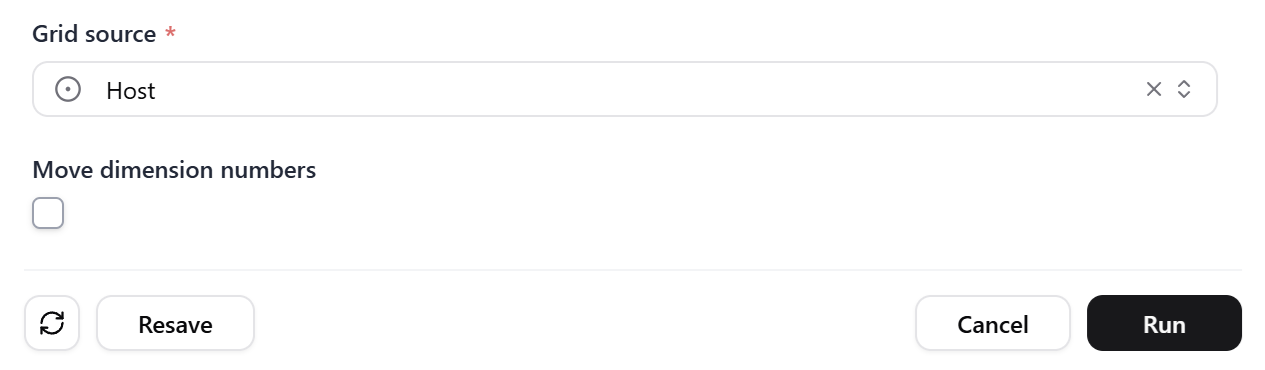 Parameter form controls with Resave on the left and Run on the right.