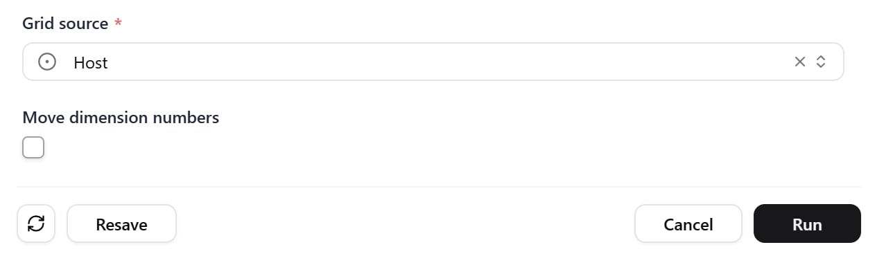 Parameter form controls with Resave on the left and Run on the right.