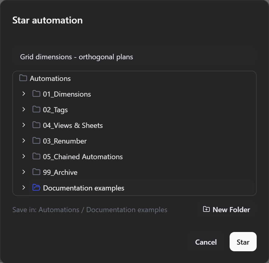 Star dialog with an automation name, library destination and Star button.