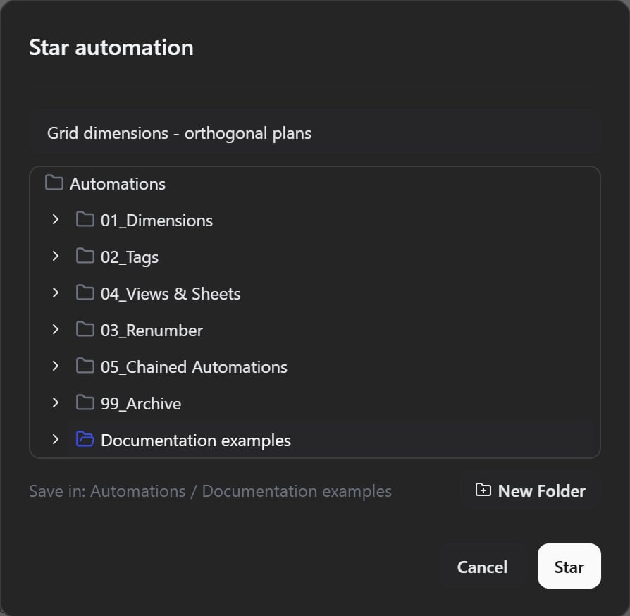 Star dialog with an automation name, library destination and Star button.