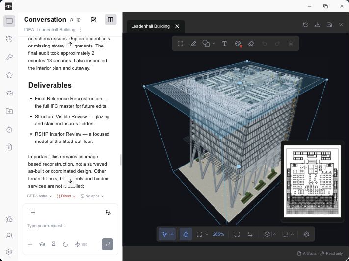 Ideatura Studio with a conversation beside a Leadenhall Building model and floor-plan preview.